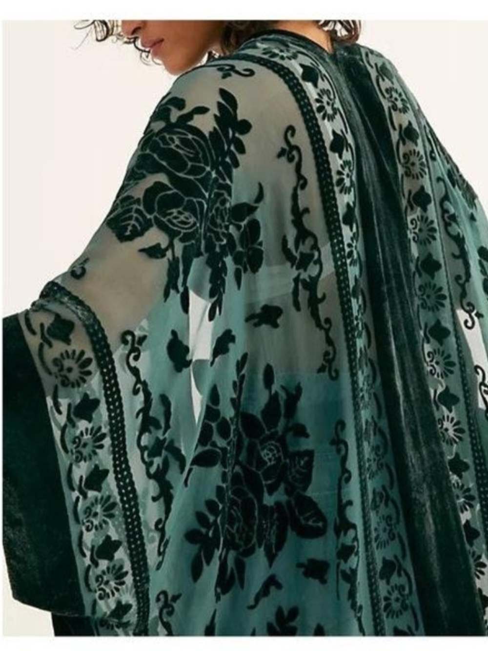 Green Velvet Burnout Floral Kimono Duster Tassel Fringe - Picture 2 of 4